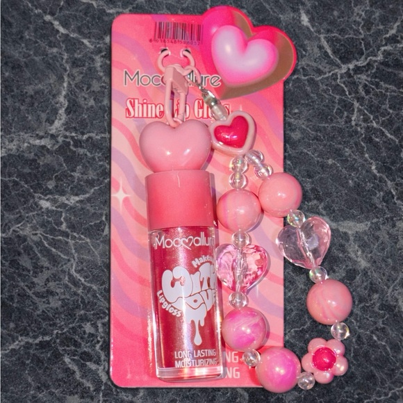 Other - Pink Lip Gloss with Heart Beaded Keychain